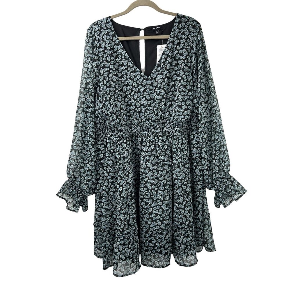 Torrid 2X Mini Lurex Chiffon Tiered Dress Floral Green Long Sleeve Pockets NWT - Picture 12 of 16